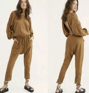 ONE TEASPOON Tobacco Tan Embroidered Lace Cutout Long Sleeve Jumpsuit Size XS